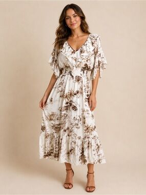 Sandro Paris Safari Toile Ruffle Midi Dress Smocked Waist NWT Small